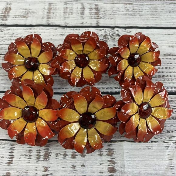 6 Pier 1 Metal Floral Sunflower Napkin Ring Holders Summer Fall Autumn Harvest - Picture 2 of 6